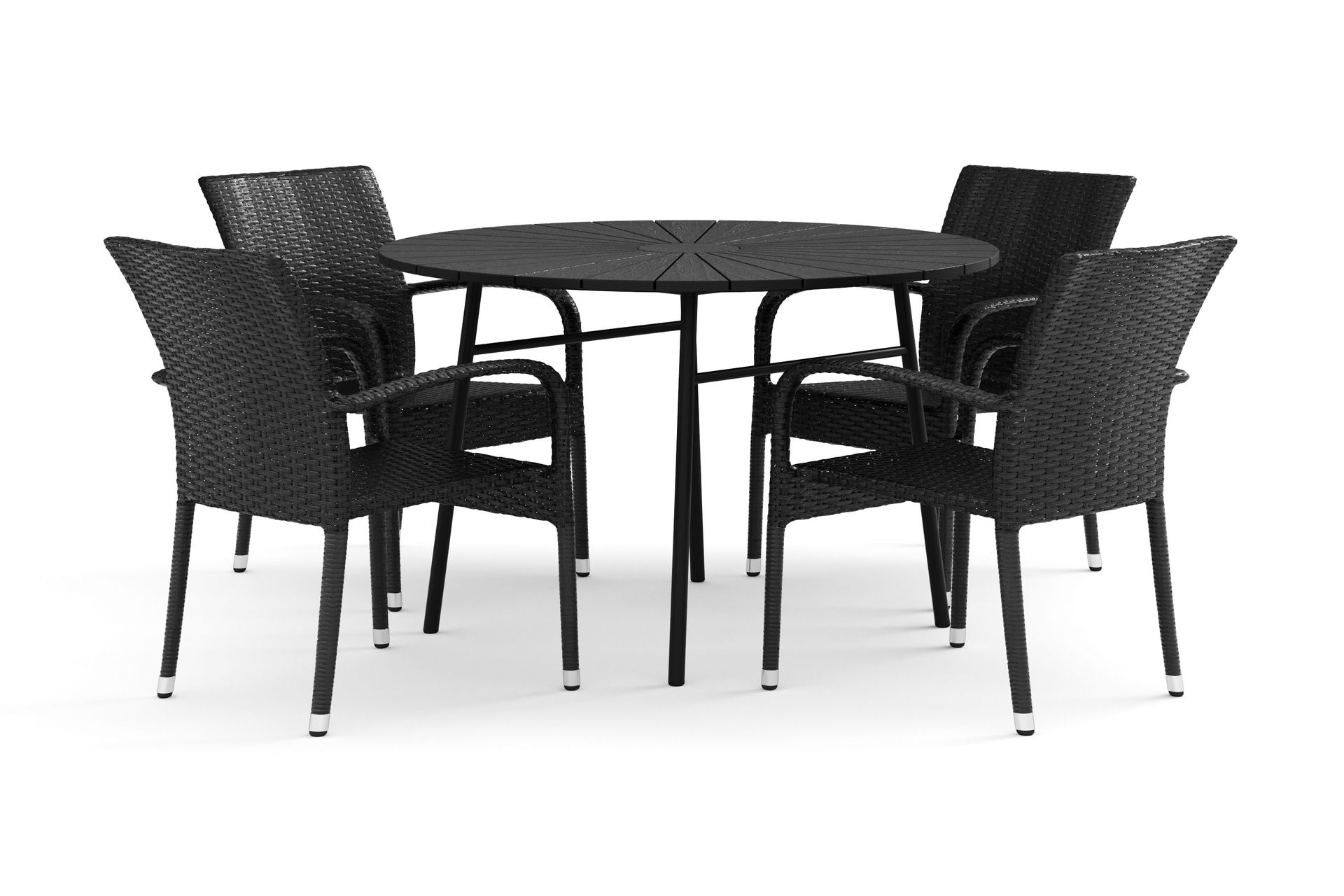 Tunis utomhus rund matgrupp 120 cm med 4 Thor Light utef&aring;t&ouml;ljer - Svart/Svart
