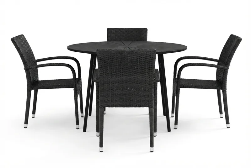 Tunis utomhus rund matgrupp 120 cm med 4 Thor Light utefåtöljer - Svart/Svart - Utemöbler - Utegrupp - Matgrupper utomhus