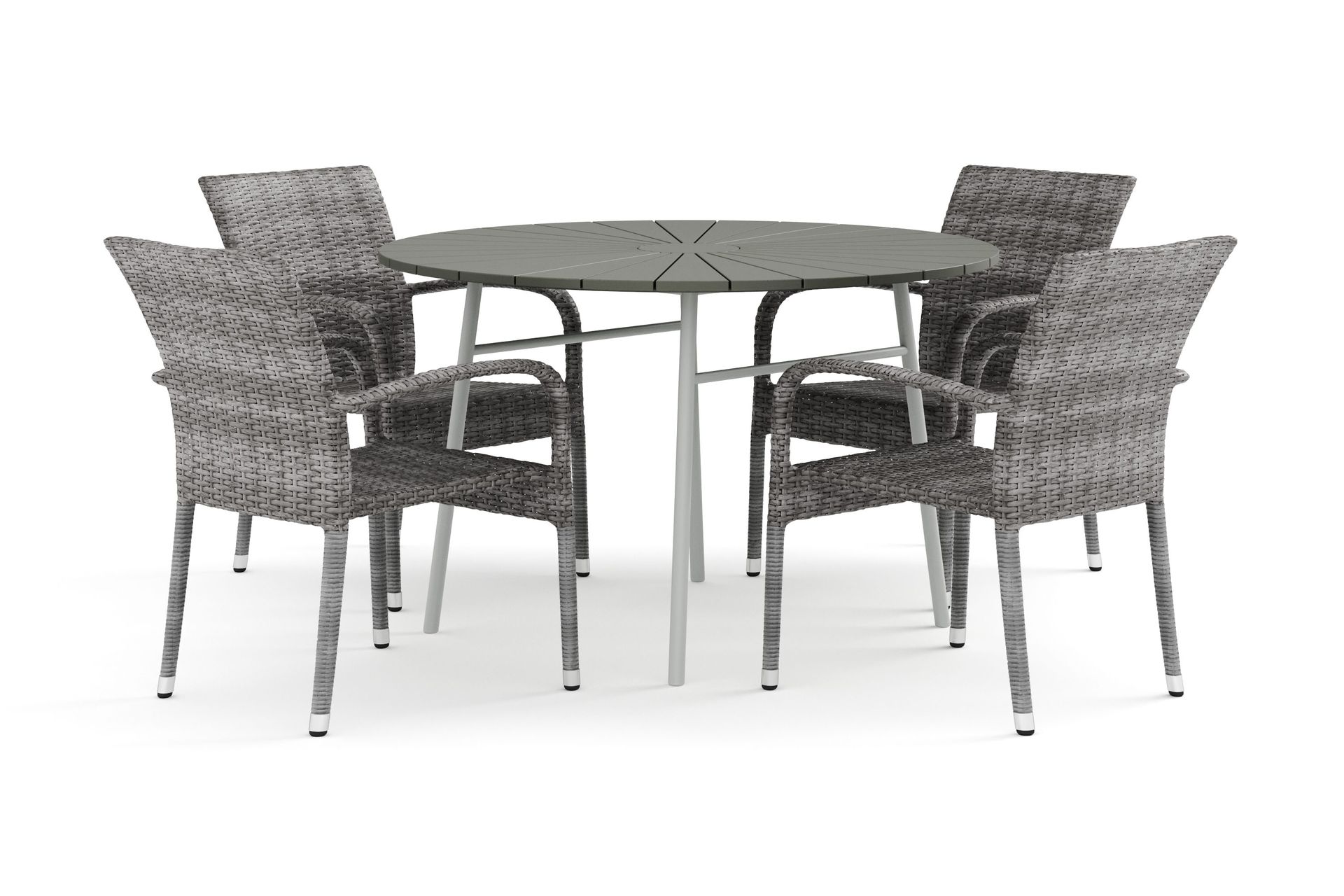 Tunis utomhus rund matgrupp 120 cm med 4 Thor Light utef&aring;t&ouml;ljer - Vit/Gr&aring;