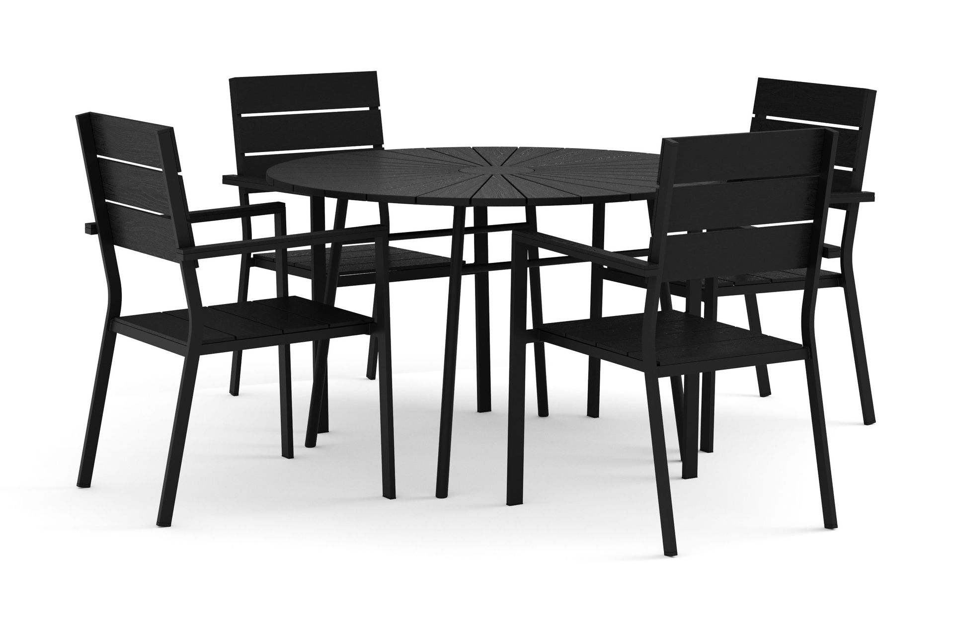 Tunis utomhus rund matgrupp 120 cm med 4 Tunis stapelstolar - Svart/Svart