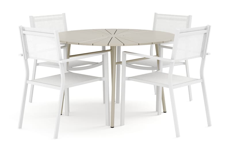 Tunis utomhus rund matgrupp 120 cm med 4 Tunis stapelstolar, Vit/Grå