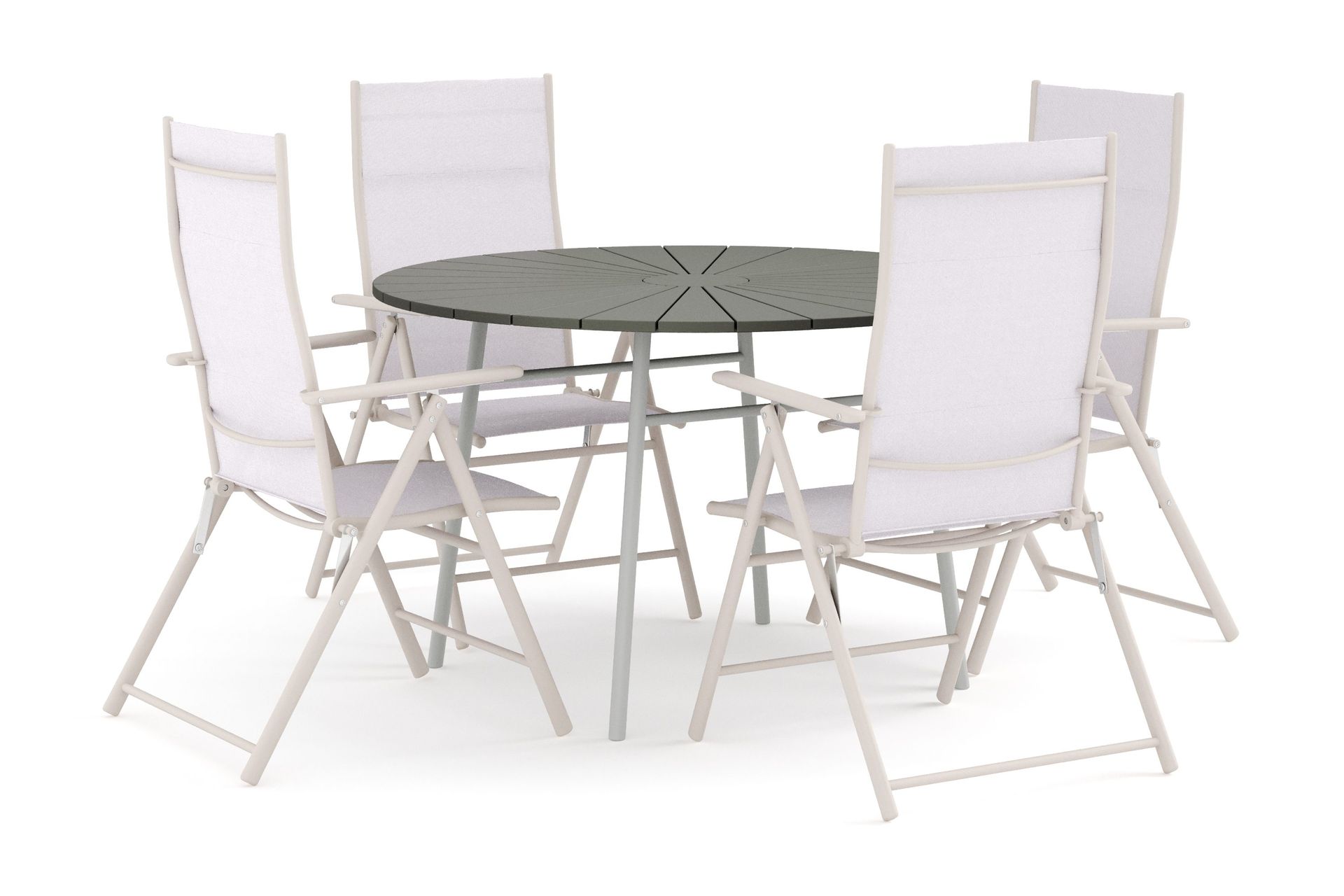 Tunis utomhus rund matgrupp 120 cm med 4 positionsstolar - Vit/Gr&aring;