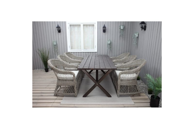 Utomhusmöbelgrupp 190 cm Bord & 6 Merida naturell stolar Brun - Brun - Utemöbler - Utegrupp - Matgrupper utomhus