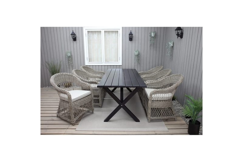 Utomhusmöbelgrupp 190 cm Bord & 6 Merida naturell stolar Svart - Svart - Utemöbler - Utegrupp - Matgrupper utomhus