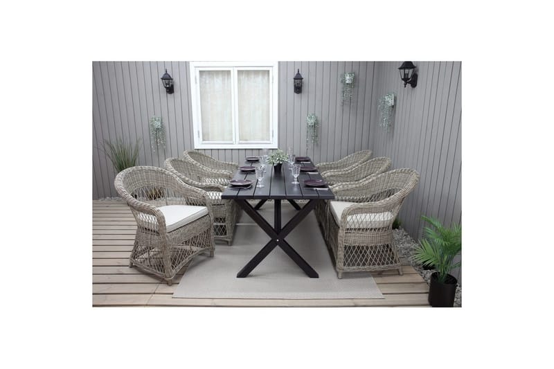 Utomhusmöbelgrupp 190 cm Bord & 6 Merida naturell stolar Svart - Svart - Utemöbler - Utegrupp - Matgrupper utomhus