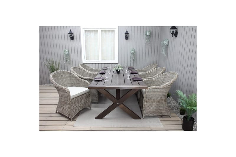 Utomhusmöbelgrupp 220 cm bord & 6 Belize naturell stolar Brun - Brun - Utemöbler - Utegrupp - Matgrupper utomhus