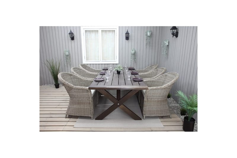 Utomhusmöbelgrupp 220 cm bord & 6 Belize naturell stolar Brun - Brun - Utemöbler - Utegrupp - Matgrupper utomhus