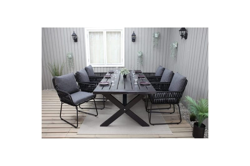 Utomhusmöbelgrupp 220 cm Bord & 6 Levanto grå stolar Svart - Svart - Utemöbler - Utegrupp - Matgrupper utomhus