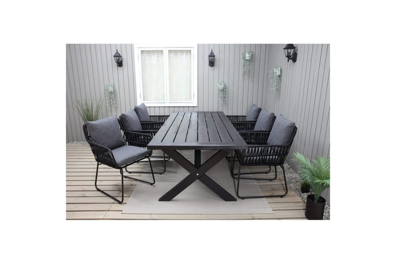 Utomhusmöbelgrupp 220 cm Bord & 6 Levanto grå stolar Svart - Svart - Utemöbler - Utegrupp - Matgrupper utomhus