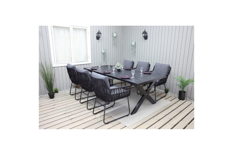 Utomhusmöbelgrupp 220 cm Bord & 6 Levanto grå stolar Svart - Svart - Utemöbler - Utegrupp - Matgrupper utomhus