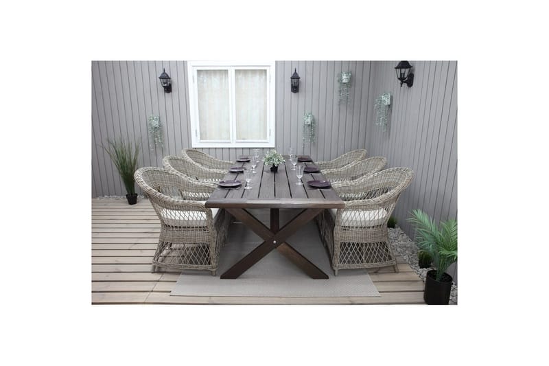 Utomhusmöbelgrupp 220 cm bord & 6 Merida naturell stolar Brun - Brun - Utemöbler - Utegrupp - Matgrupper utomhus