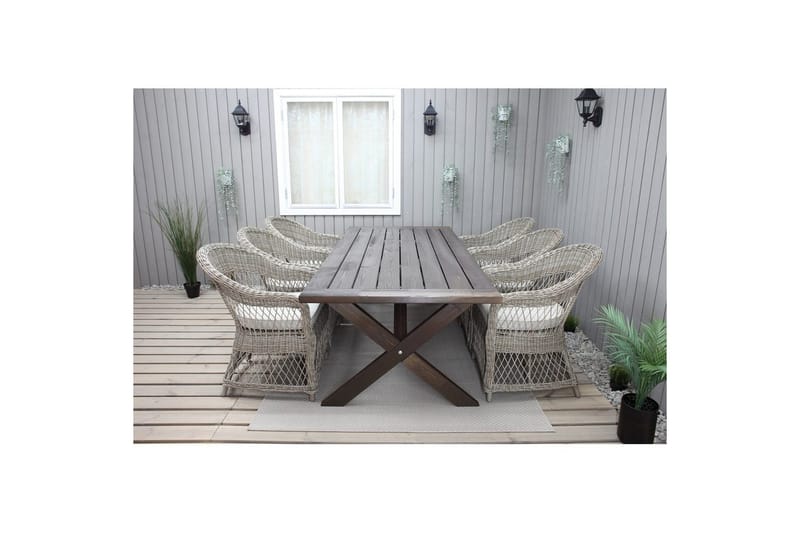 Utomhusmöbelgrupp 220 cm bord & 6 Merida naturell stolar Brun - Brun - Utemöbler - Utegrupp - Matgrupper utomhus