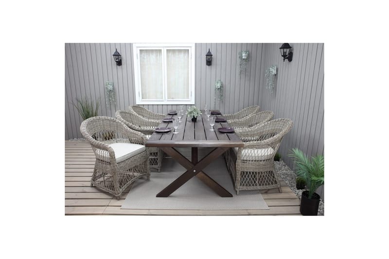 Utomhusmöbelgrupp 220 cm bord & 6 Merida naturell stolar Brun - Brun - Utemöbler - Utegrupp - Matgrupper utomhus