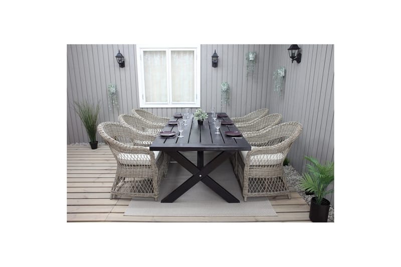 Utomhusmöbelgrupp 220 cm bord & 6 Merida naturell stolar Svart - Svart - Utemöbler - Utegrupp - Matgrupper utomhus