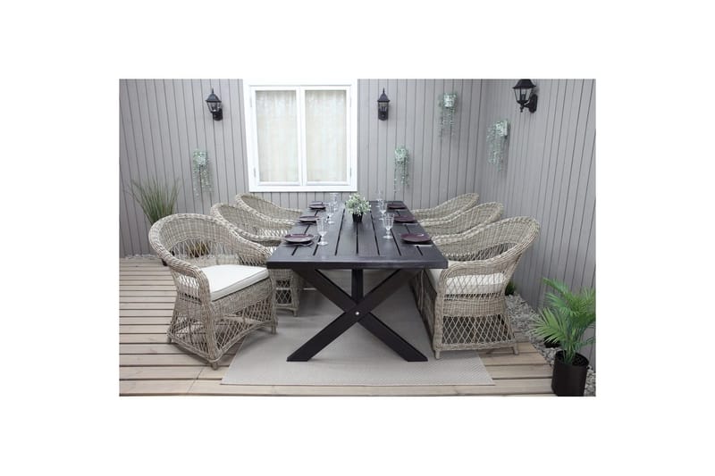 Utomhusmöbelgrupp 220 cm bord & 6 Merida naturell stolar Svart - Svart - Utemöbler - Utegrupp - Matgrupper utomhus