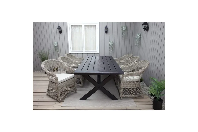 Utomhusmöbelgrupp 220 cm bord & 6 Merida naturell stolar Svart - Svart - Utemöbler - Utegrupp - Matgrupper utomhus