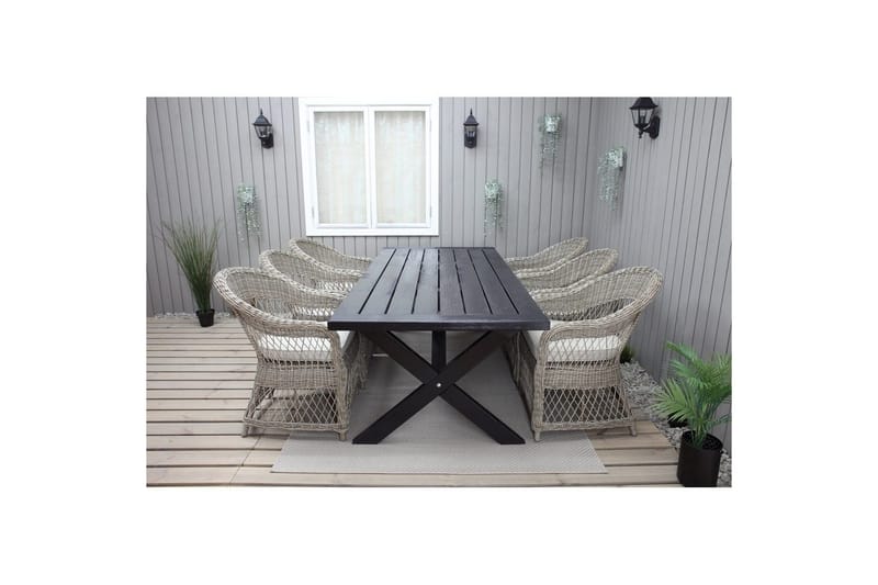 Utomhusmöbelgrupp 220 cm bord & 6 Merida naturell stolar Svart - Svart - Utemöbler - Utegrupp - Matgrupper utomhus