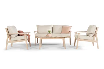 Wagnera Liten Soffgrupp utomhus - 2-sits soffa med 2 fåtöljer och soffbord i trä akacia - Beige - Utemöbler - Utegrupp - Loungegrupp