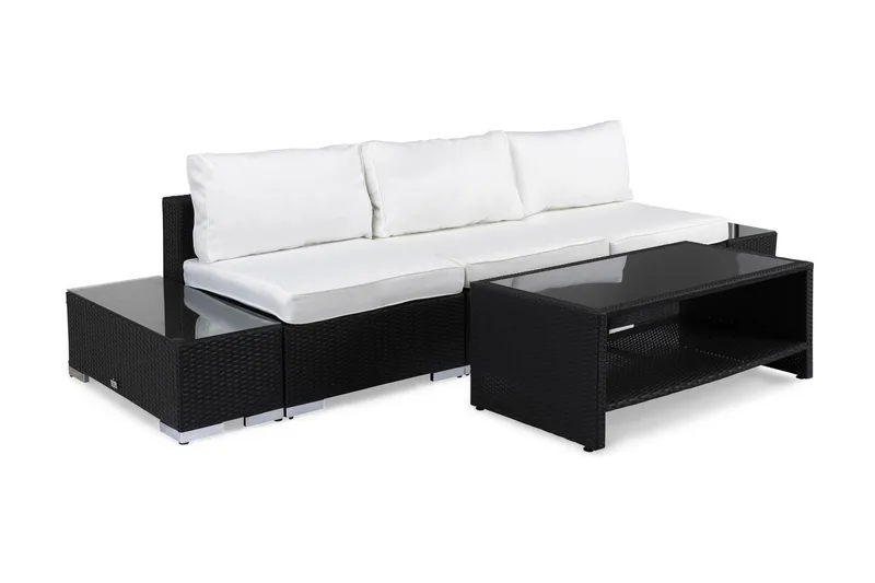 Bahamas Liten Loungegrupp Utomhus - 3-sits Litet Loungeset i Konstrotting för Uteplats och Balkong - Svart / Vit dynor - Utemöbler - Utegrupp - Loungegrupp