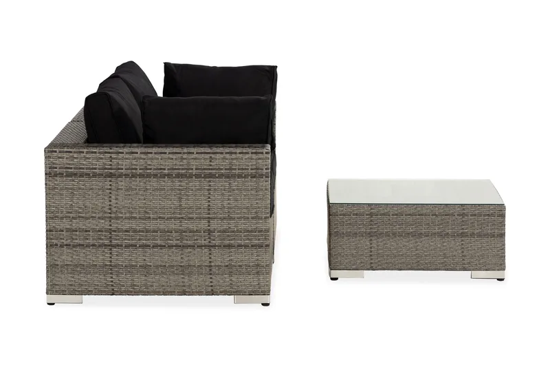 Bahamas Liten loungegrupp utomhus - Soffgrupp till balkong 3-sits - Litet loungeset konstrotting utemöbler - Grå /Sand / Svarta dynor - Utemöbler - Utegrupp - Loungegrupp