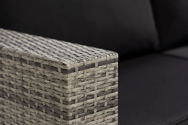 Bahamas Liten loungegrupp utomhus - Soffgrupp till balkong 3-sits - Litet loungeset konstrotting utemöbler - Grå /Sand / Svarta dynor - Utemöbler - Utegrupp - Loungegrupp