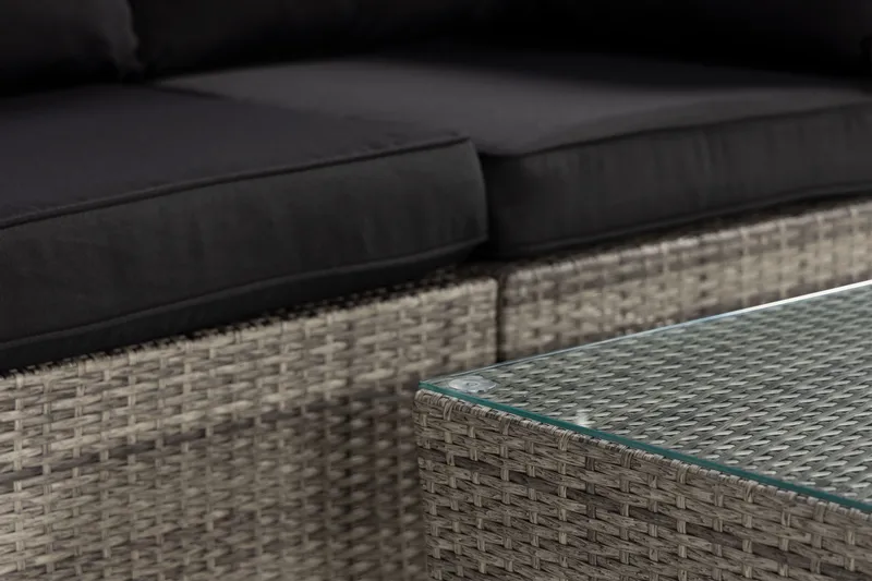 Bahamas Liten loungegrupp utomhus - Soffgrupp till balkong 3-sits - Litet loungeset konstrotting utemöbler - Grå /Sand / Svarta dynor - Utemöbler - Utegrupp - Loungegrupp