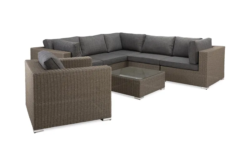 Marcus Loungegrupp Utomhus - 5-sits Loungeset i Konstrotting för Uteplats och Trädgård - Brun / Gråa dynor - Utemöbler - Utegrupp - Loungegrupp