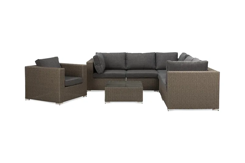 Marcus Loungegrupp Utomhus - 5-sits Loungeset i Konstrotting för Uteplats och Trädgård - Brun / Gråa dynor - Utemöbler - Utegrupp - Loungegrupp