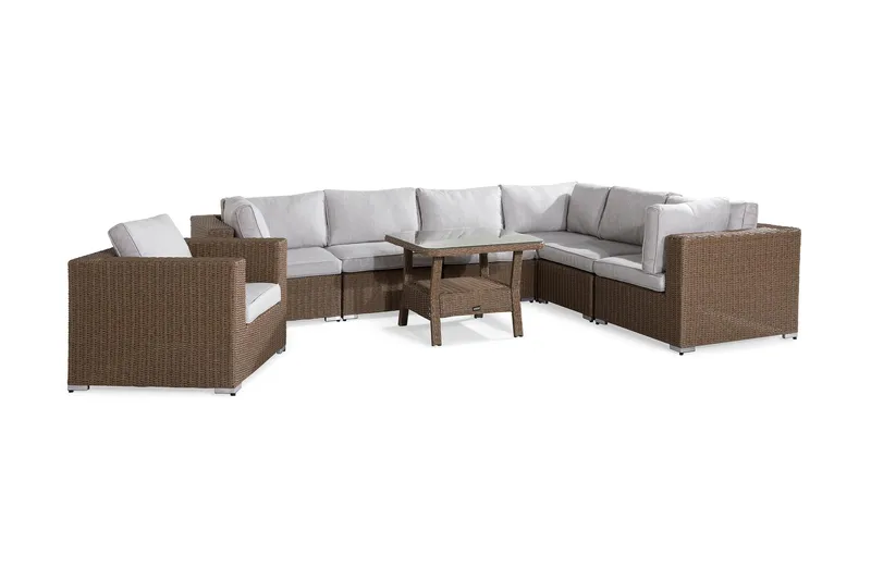 Marcus Stor Loungegrupp Utomhus - 7-sits Loungeset i Konstrotting för Uteplats och Trädgård - Beige / Vita dynor - Utemöbler - Utegrupp - Loungegrupp