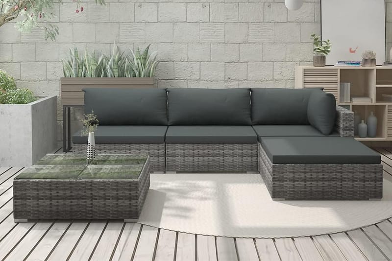 Trädgårdssoffa med dynor 5 delar konstrotting grå - Grå - Loungemöbler - Loungegrupp