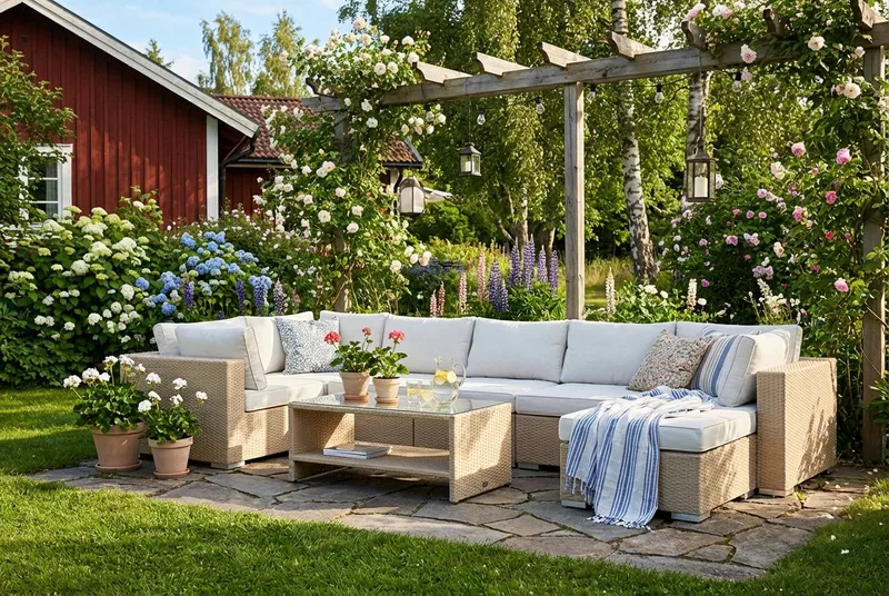 Bahamas Hörnmodul utomhus i konstrotting med Ljus vattenavisande dyna - Beige - Utemöbler - Övrigt utemöbler - Modulsoffa utomhus - Hörnmodul utesoffa