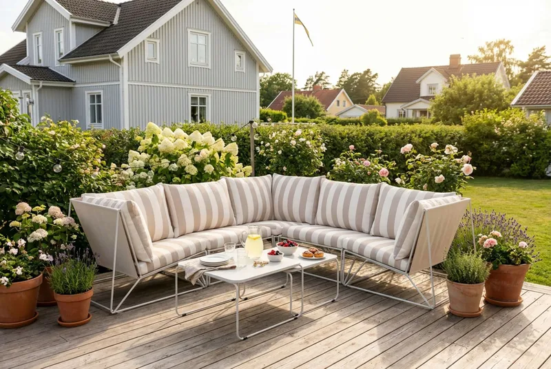 Usteryd hörnmodul utomhus i järn med vattenavisande randig dyna - Beige - Utemöbler - Övrigt utemöbler - Modulsoffa utomhus - Hörnmodul utesoffa