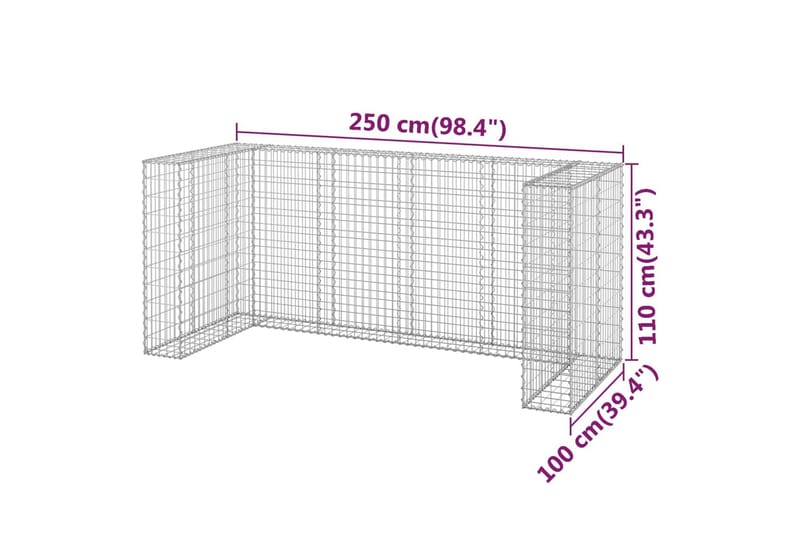 Gabionmur för soptunnor galvaniserat stål 250x100x110 cm - Silver - Staket & grindar