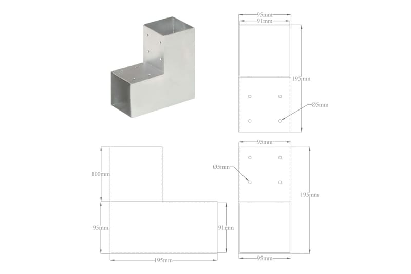 Stolpbeslag 4 st L-form galvaniserad metall 91x91 mm - Silver - Staket & grindar