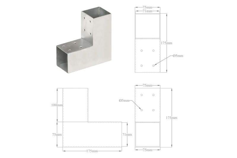 Stolpbeslag L-form galvaniserad metall 71x71 mm - Silver - Utemöbler - Övrigt utemöbler - Tillbehör - Staket & grindar