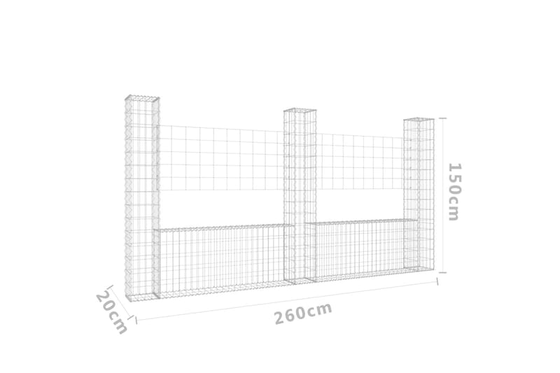 U-formad gabionkorg med 3 stolpar järn 260x20x150 cm - Silver - Utemöbler - Övrigt utemöbler - Tillbehör - Staket & grindar