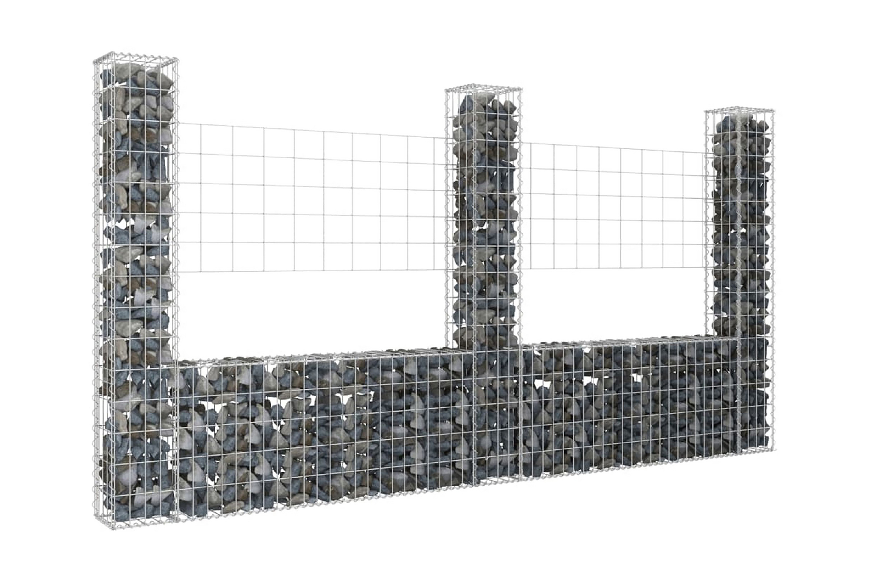 U-formad gabionkorg med 3 stolpar järn 260x20x150 cm – Silver