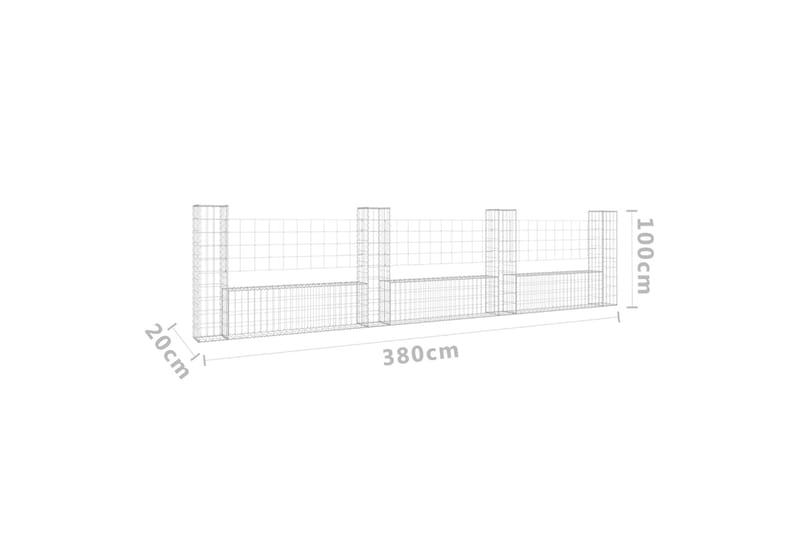 U-formad gabionkorg med 4 stolpar järn 380x20x100 cm - Silver - Utemöbler - Övrigt utemöbler - Tillbehör - Staket & grindar