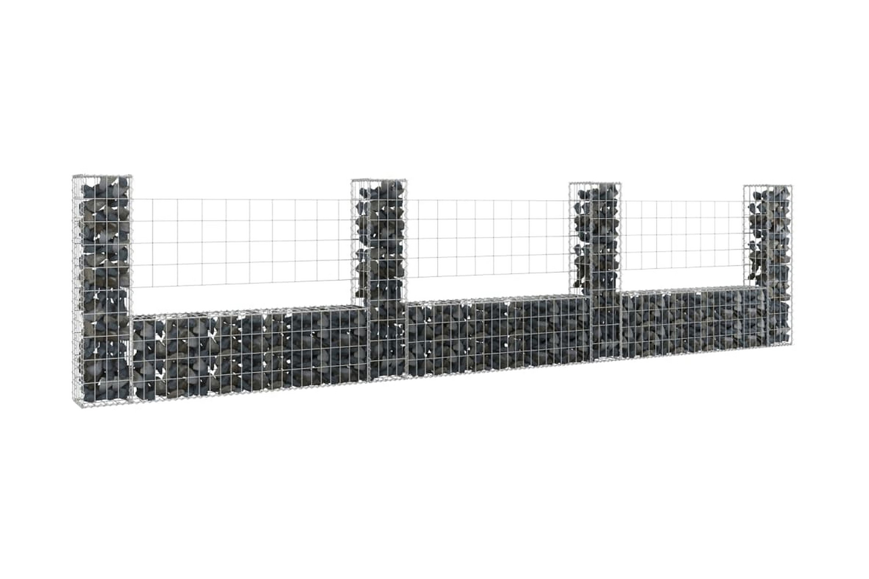 U-formad gabionkorg med 4 stolpar järn 380x20x100 cm – Silver