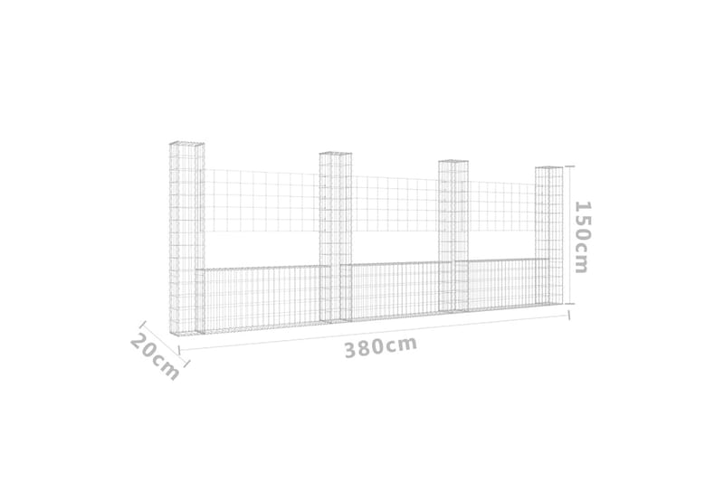 U-formad gabionkorg med 4 stolpar järn 380x20x150 cm - Silver - Utemöbler - Övrigt utemöbler - Tillbehör - Staket & grindar