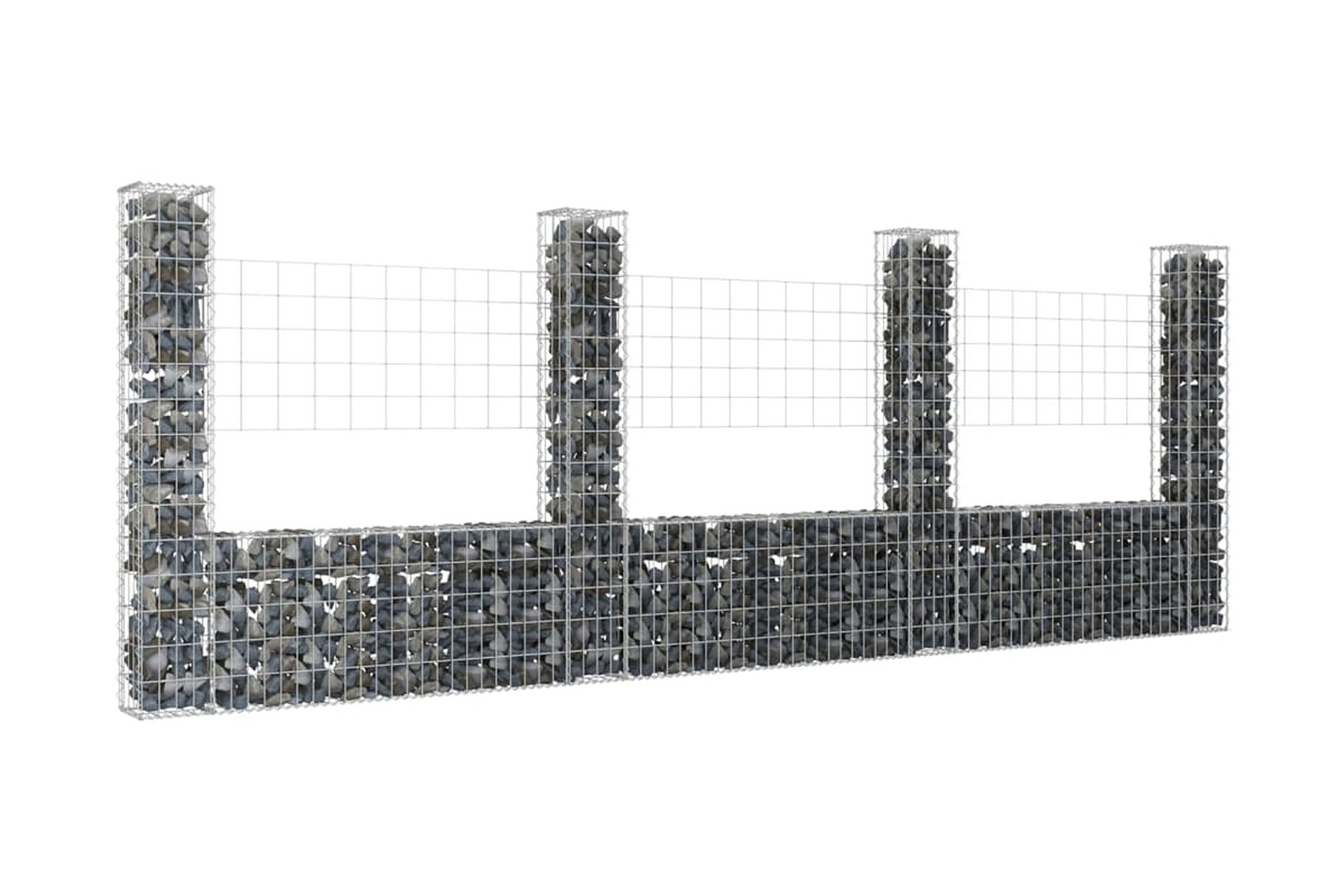 U-formad gabionkorg med 4 stolpar järn 380x20x150 cm – Silver