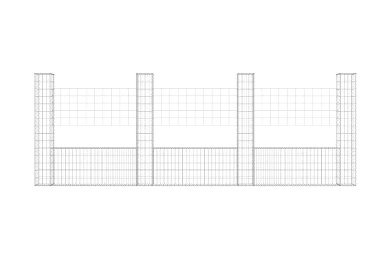 U-formad gabionkorg med 4 stolpar järn 380x20x150 cm - Silver - Staket & grindar