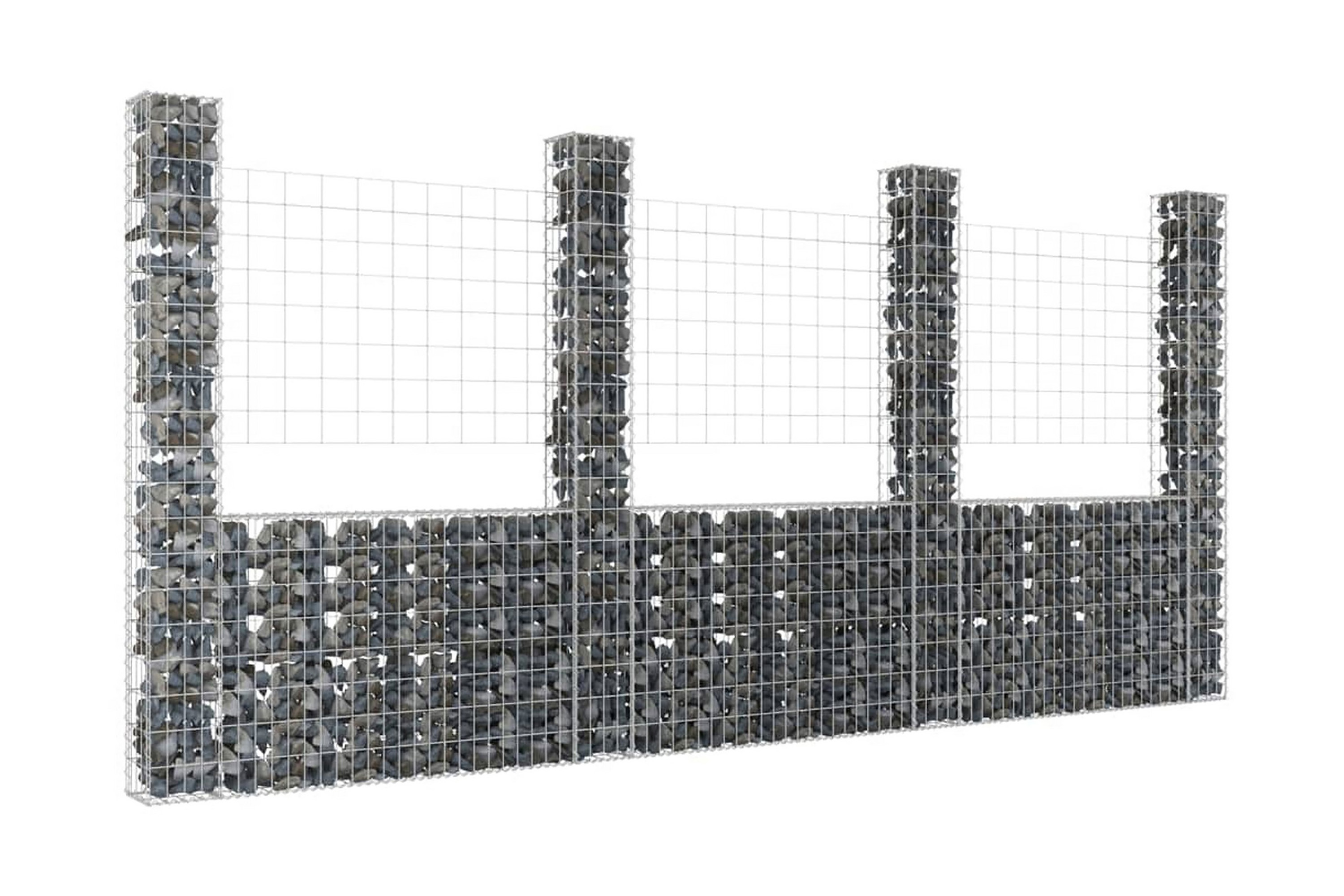 U-formad gabionkorg med 4 stolpar järn 380x20x200 cm – Silver