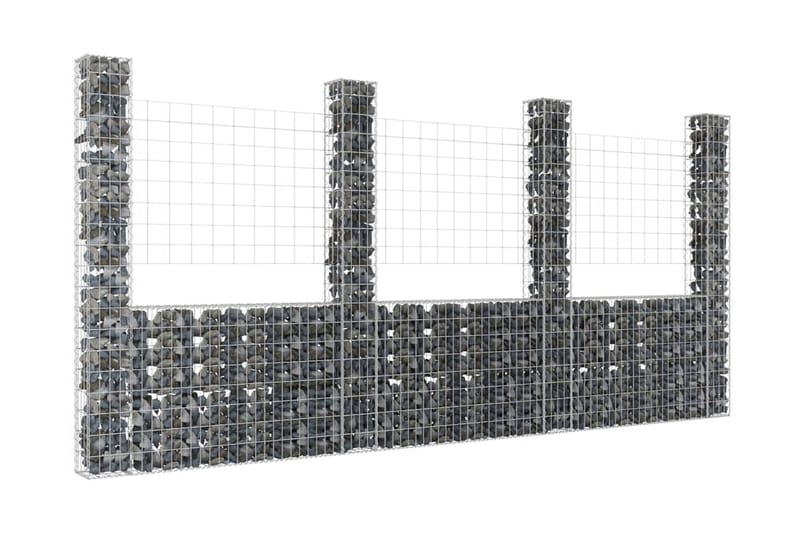 U-formad gabionkorg med 4 stolpar järn 380x20x200 cm - Silver - Utemöbler - Övrigt utemöbler - Tillbehör - Staket & grindar