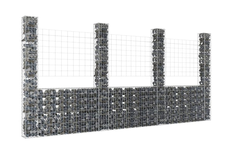 U-formad gabionkorg med 4 stolpar järn 380x20x200 cm - Silver - Staket & grindar
