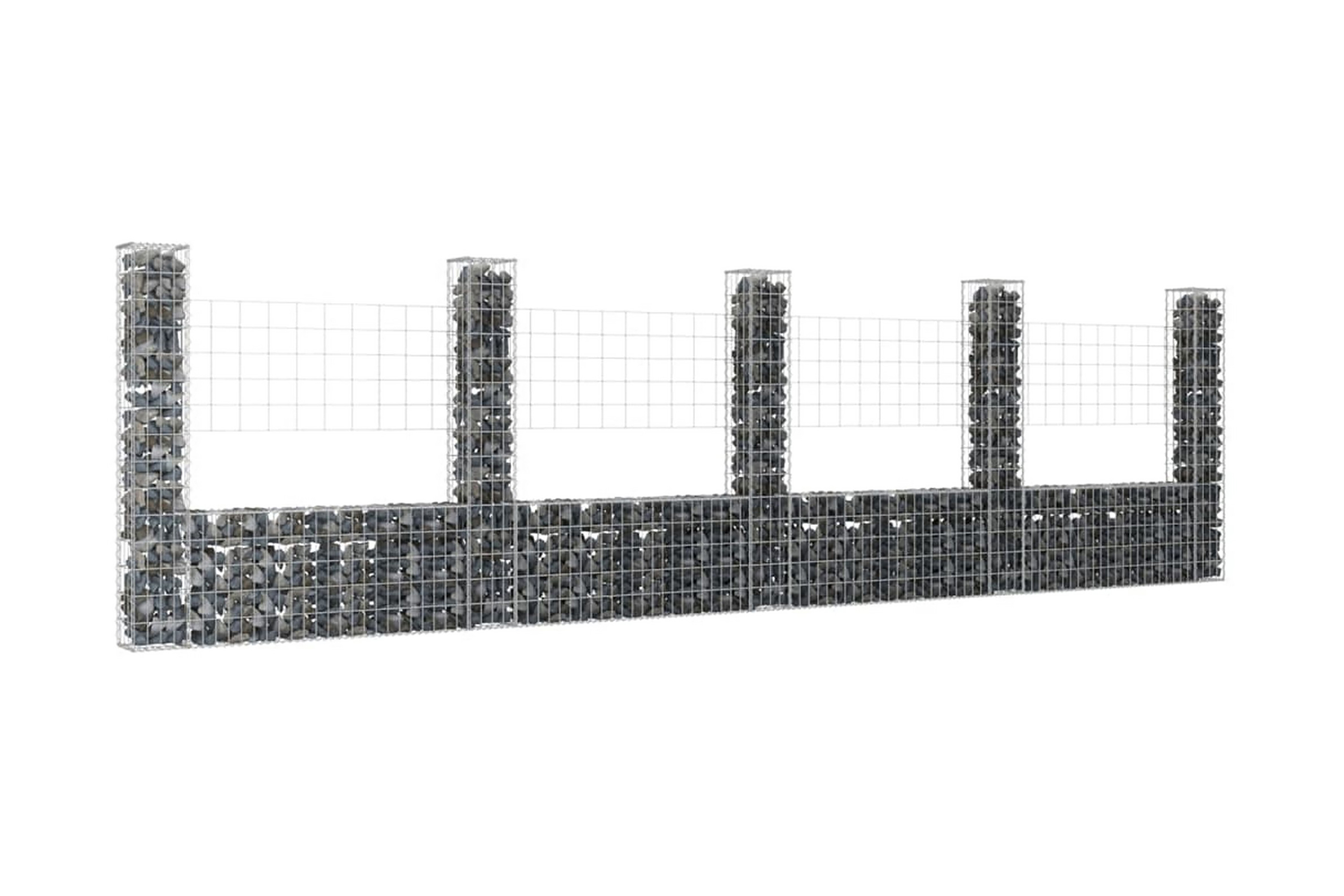 U-formad gabionkorg med 5 stolpar järn 500x20x150 cm – Silver