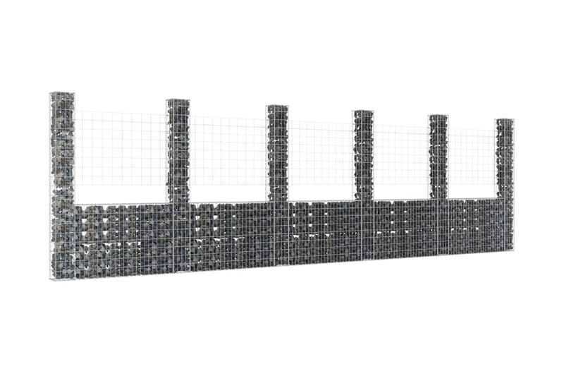 U-formad gabionkorg med 6 stolpar järn 620x20x200 cm - Silver - Staket & grindar