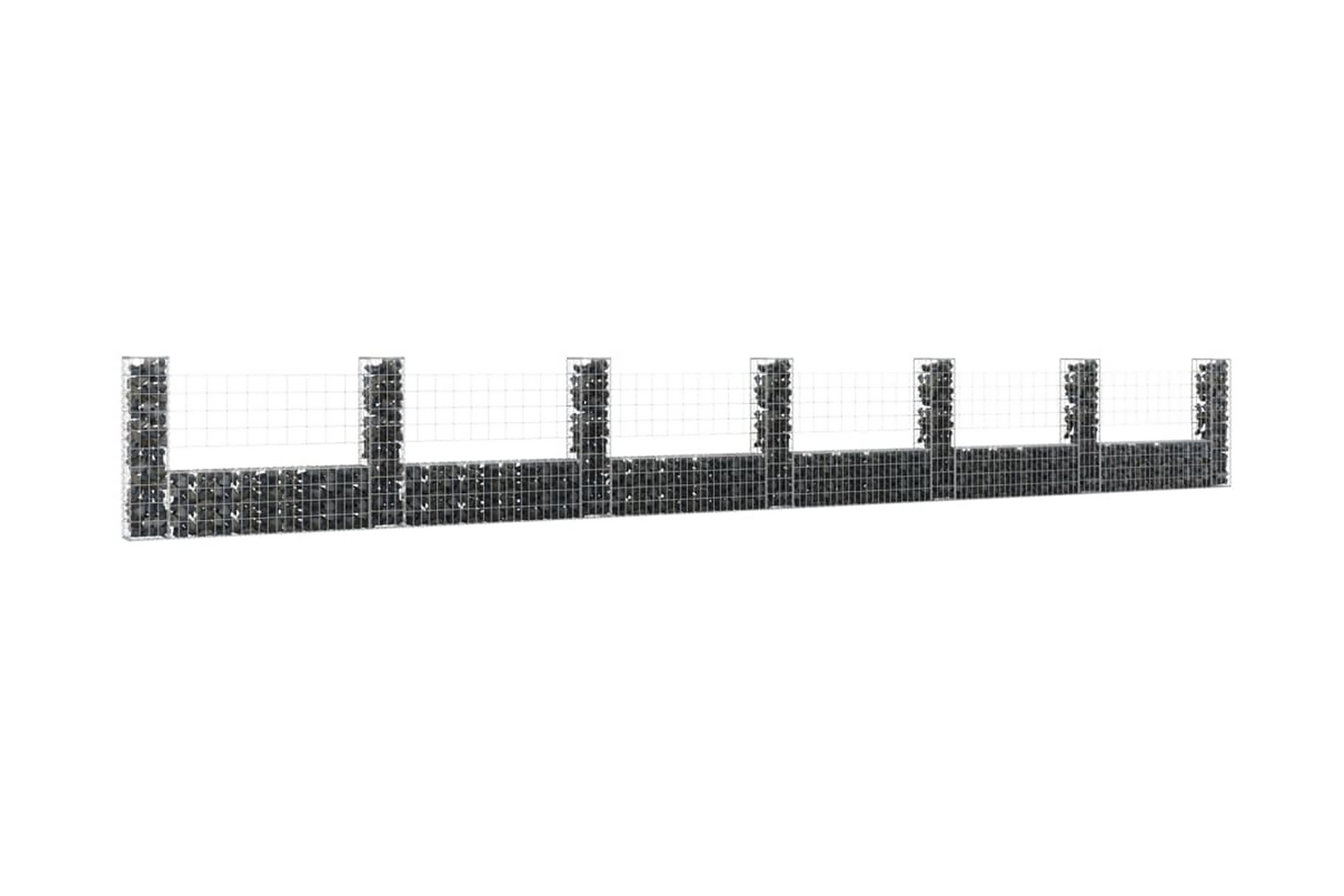 U-formad Gabionkorg med 7 stolpar järn 740x20x100 cm – Silver