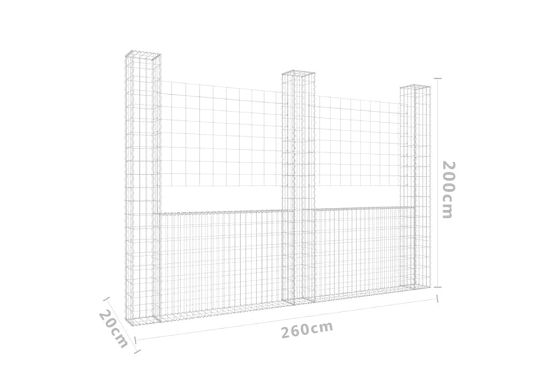 U-formad gabionkorg med 3 stolpar järn 260x20x200 cm - Silver - Utemöbler - Övrigt utemöbler - Tillbehör - Staket & grindar