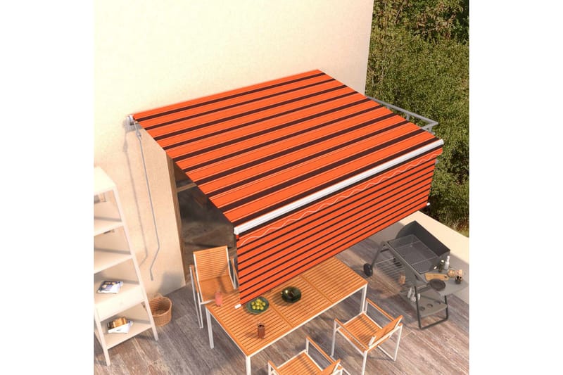Automatisk infällbar markis med rullgardin 4x3 m orange/brun - Orange - Utemöbler - Solskydd - Markiser - Fönstermarkis